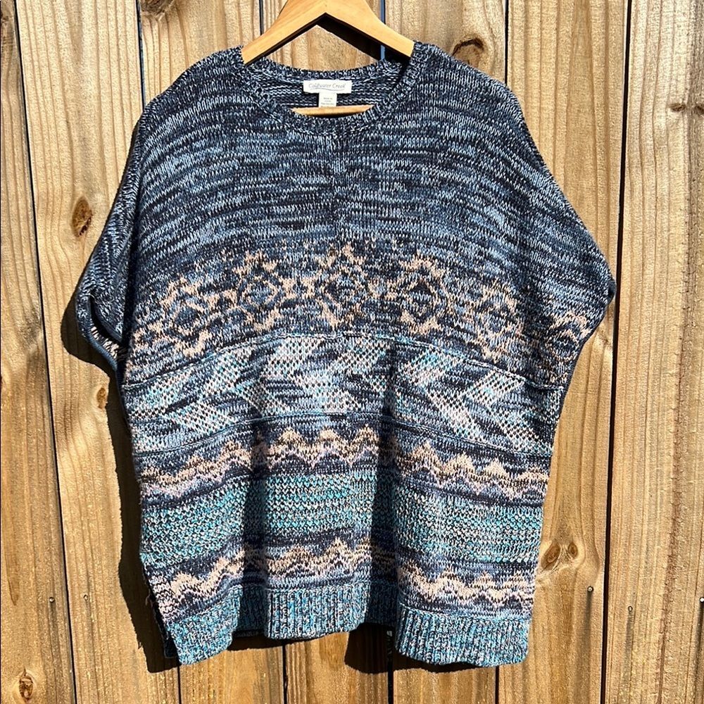 Coldwater Creek Blue Geometric Knit Sweater M Sleeveless Poncho Boho Cottagecore